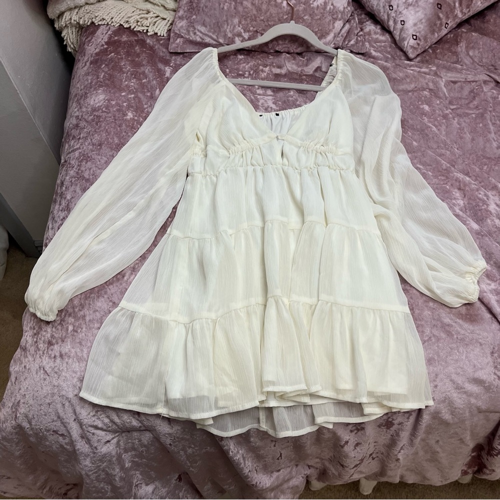 Light Cream Tiered Mini Dress with Long Sheer Sleeves
